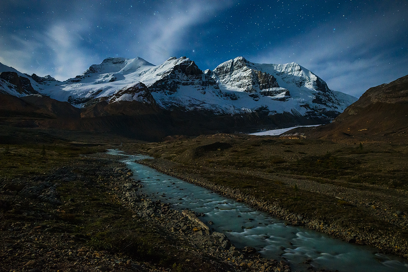 Athabasca glacier at night under stars
